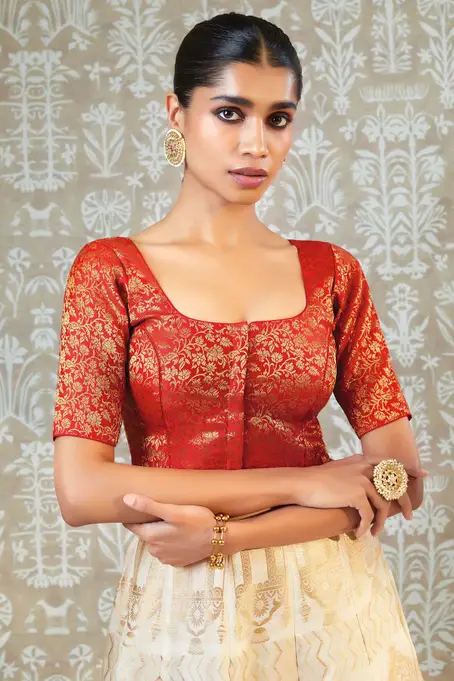 Coral Red Bridal Blouse – Coral Red & Cream